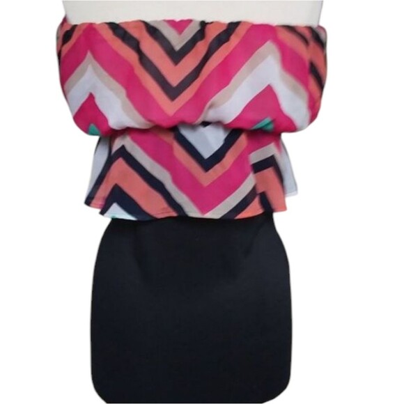 Chiffon Dress Cropped Bright Colored Patterned Mini Dress Chevrons Pull On - Picture 2 of 9